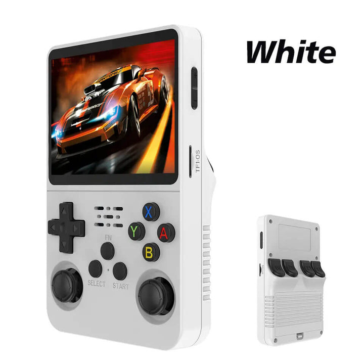 Handheld gaming console with screen displaying a racing game, white color shown. R36S Retro Handheld Gaming Device with Linux Software Open Source R36S Nostalgic Handheld Gaming Device Linux Software 3.5 Inch IPS Display Compact Pocket Game Player R35S 64GB of Games