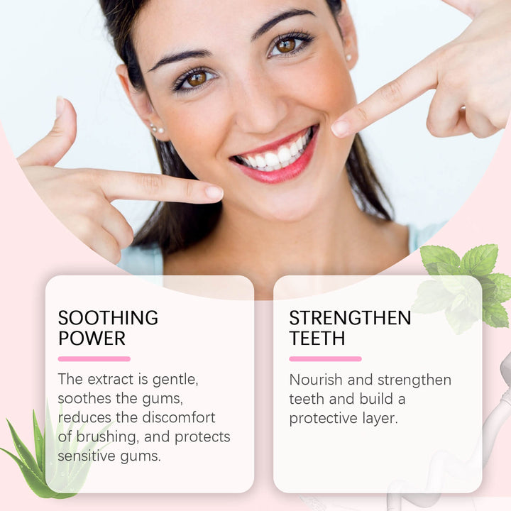Woman pointing to her smile with text about soothing power and strengthening teeth. Oralhoe Toothpaste with Niacinamide for Fresh Breath Oralhoe Niacinamide Toothpaste Freshening Scent Filth Protection Dental Everyday Use Mint Flavor Toothpaste