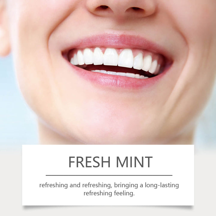 Close-up of a person's mouth with white teeth, featuring the text 'Fresh Mint' and description. Oralhoe Toothpaste with Niacinamide for Fresh Breath Oralhoe Niacinamide Toothpaste Freshening Scent Filth Protection Dental Everyday Use Mint Flavor Toothpaste