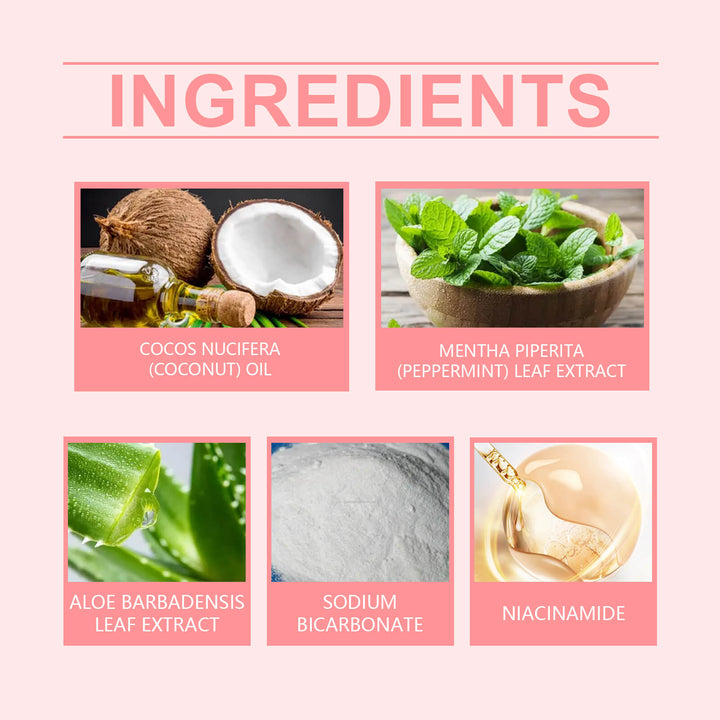 List of ingredients with corresponding images and names on a pink background Oralhoe Toothpaste with Niacinamide for Fresh Breath Oralhoe Niacinamide Toothpaste Freshening Scent Filth Protection Dental Everyday Use Mint Flavor Toothpaste