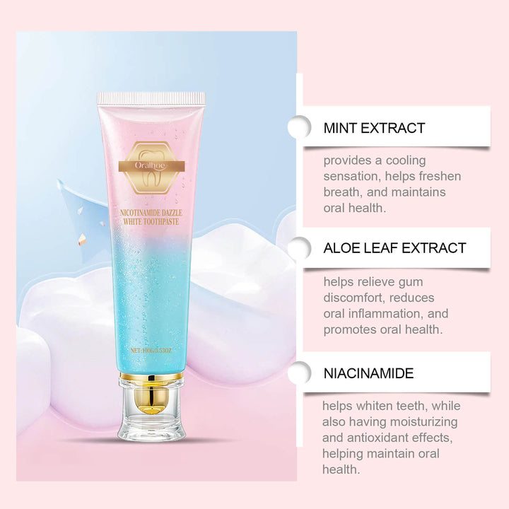 Toothpaste tube with mint, aloe leaf, and niacinamide extracts on a pink and blue gradient background. Oralhoe Toothpaste with Niacinamide for Fresh Breath Oralhoe Niacinamide Toothpaste Freshening Scent Filth Protection Dental Everyday Use Mint Flavor Toothpaste