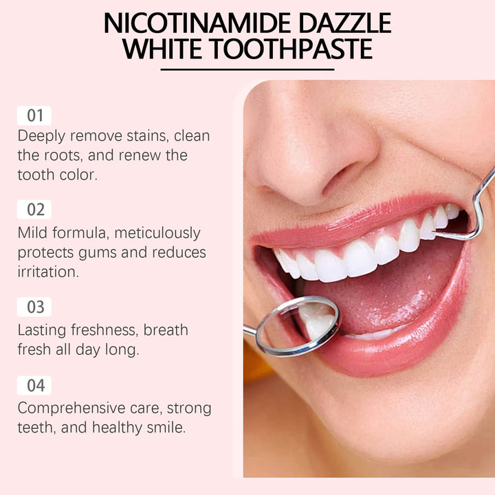 Advertisement for Nicotinamide Dazzle White Toothpaste with a close-up of a mouth using dental tools. Oralhoe Toothpaste with Niacinamide for Fresh Breath Oralhoe Niacinamide Toothpaste Freshening Scent Filth Protection Dental Everyday Use Mint Flavor Toothpaste