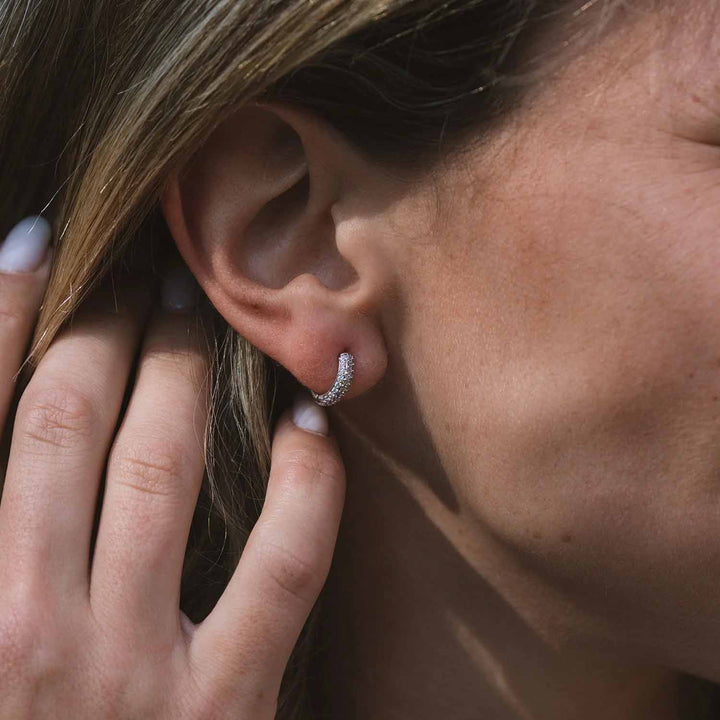 Stylish Petite Round Huggie Earrings - Silver & Gold - Wearing Felicity Petite-Round-Huggie-Earring-01 Wear Felicity