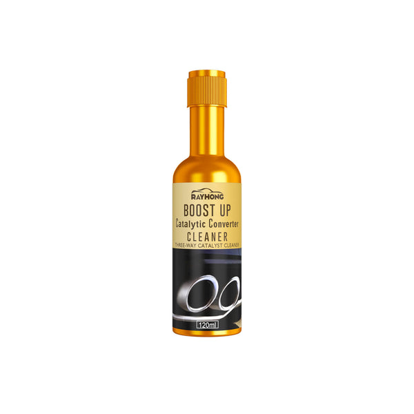 Gold bottle of Raymeng Boost Up Catalytic Converter Cleaner on a white background Rayhong BOOST UP Cleaner for Catalytic Converters Rayhong BOOST UP Cleaner for Three-way Catalytic Converters is Designed to Remove Carbon Build-up from Exhaust Catalytic Converters within Engines without Needing to Take Them Apart