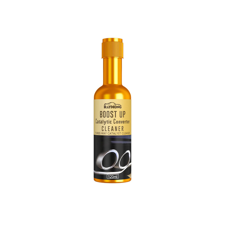 Gold bottle of Raymeng Boost Up Catalytic Converter Cleaner on a white background Rayhong BOOST UP Cleaner for Catalytic Converters Rayhong BOOST UP Cleaner for Three-way Catalytic Converters is Designed to Remove Carbon Build-up from Exhaust Catalytic Converters within Engines without Needing to Take Them Apart