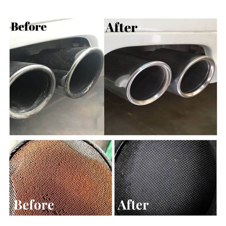 Before and after comparison of a car exhaust system and a metal surface. Rayhong BOOST UP Cleaner for Catalytic Converters Rayhong BOOST UP Cleaner for Three-way Catalytic Converters is Designed to Remove Carbon Build-up from Exhaust Catalytic Converters within Engines without Needing to Take Them Apart