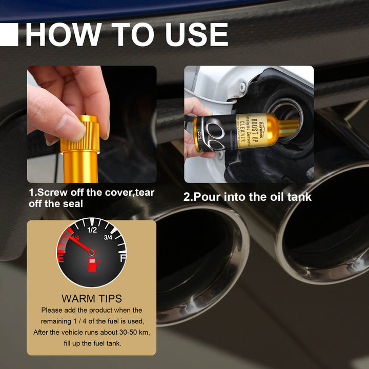 Instructions on how to use a car oil additive product with close-up shots and text. Rayhong BOOST UP Cleaner for Catalytic Converters Rayhong BOOST UP Cleaner for Three-way Catalytic Converters is Designed to Remove Carbon Build-up from Exhaust Catalytic Converters within Engines without Needing to Take Them Apart