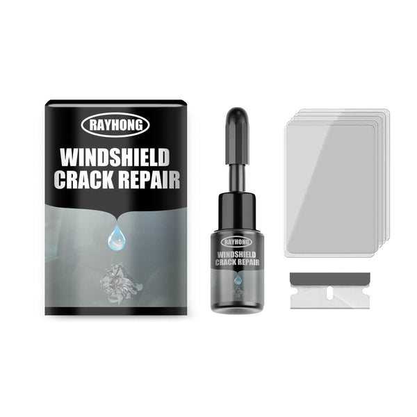 Rayhong windshield crack repair kit with packaging, bottle, and tools on a white background Rayhong Windshield Crack Repair Liquid - Effective Solution Rayhong Liquid for Fixing Cracks in Car Windshields Adhesive for Windshield Crack Repair Crack Repair Solution