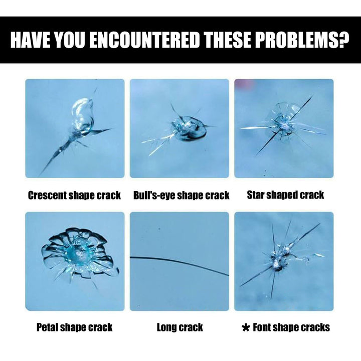 Illustrations of different types of cracked glass on a blue background with text asking if these problems have been encountered. Rayhong Windshield Crack Repair Liquid - Effective Solution Rayhong Liquid for Fixing Cracks in Car Windshields Adhesive for Windshield Crack Repair Crack Repair Solution
