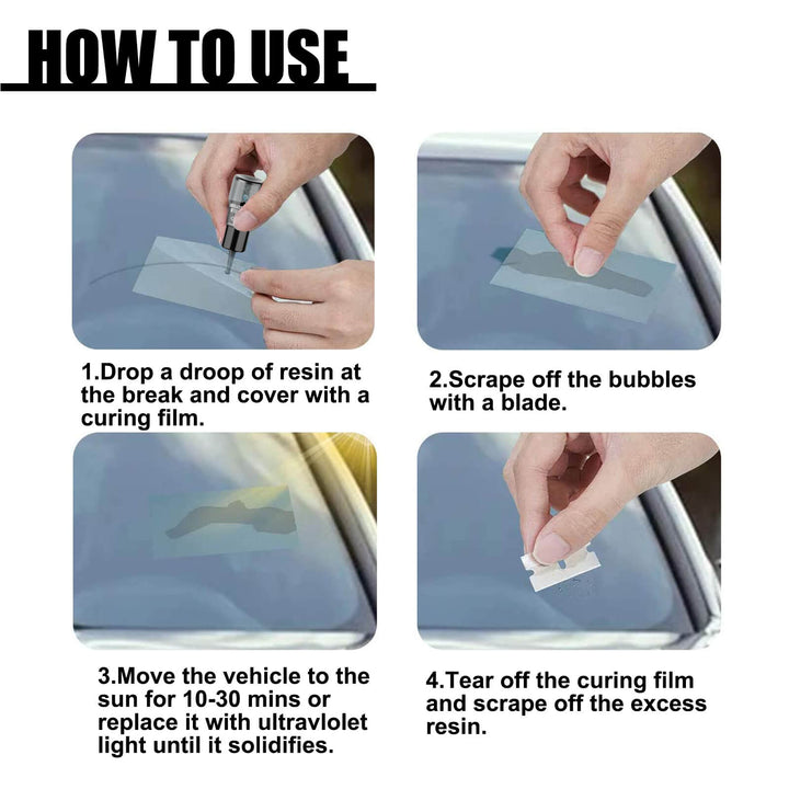 Step-by-step guide on how to use resin and curing film with text instructions. Rayhong Windshield Crack Repair Liquid - Effective Solution Rayhong Liquid for Fixing Cracks in Car Windshields Adhesive for Windshield Crack Repair Crack Repair Solution