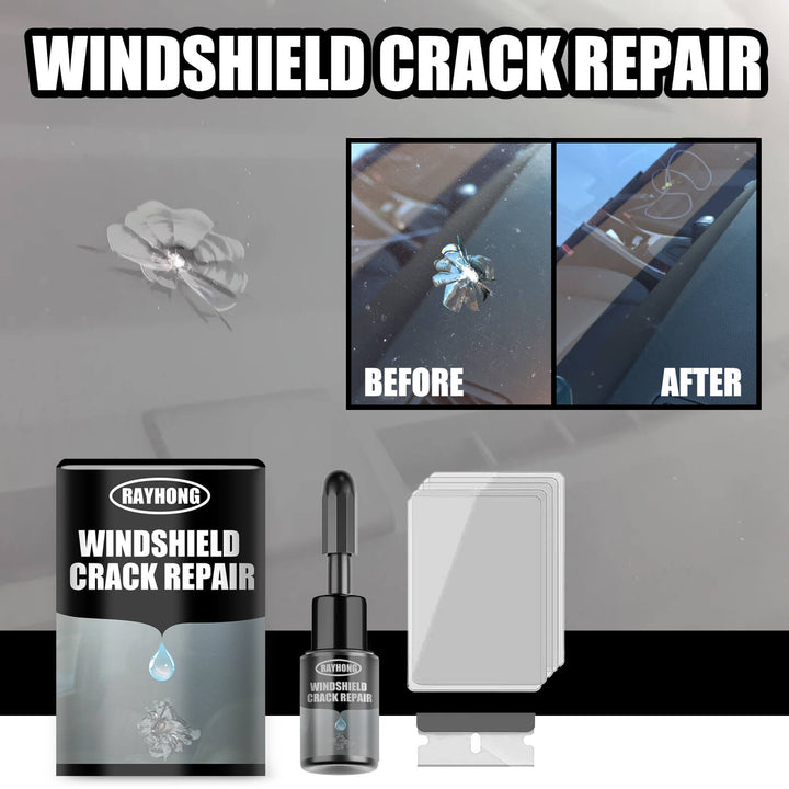 Rayhong windshield crack repair kit with before and after images on a gray background Rayhong Windshield Crack Repair Liquid - Effective Solution Rayhong Liquid for Fixing Cracks in Car Windshields Adhesive for Windshield Crack Repair Crack Repair Solution