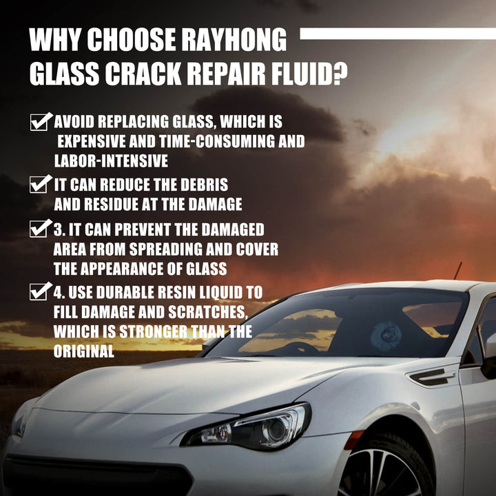 Advertisement for Rayhong glass crack repair fluid with a car and sunset background. Rayhong Windshield Crack Repair Liquid - Effective Solution Rayhong Liquid for Fixing Cracks in Car Windshields Adhesive for Windshield Crack Repair Crack Repair Solution