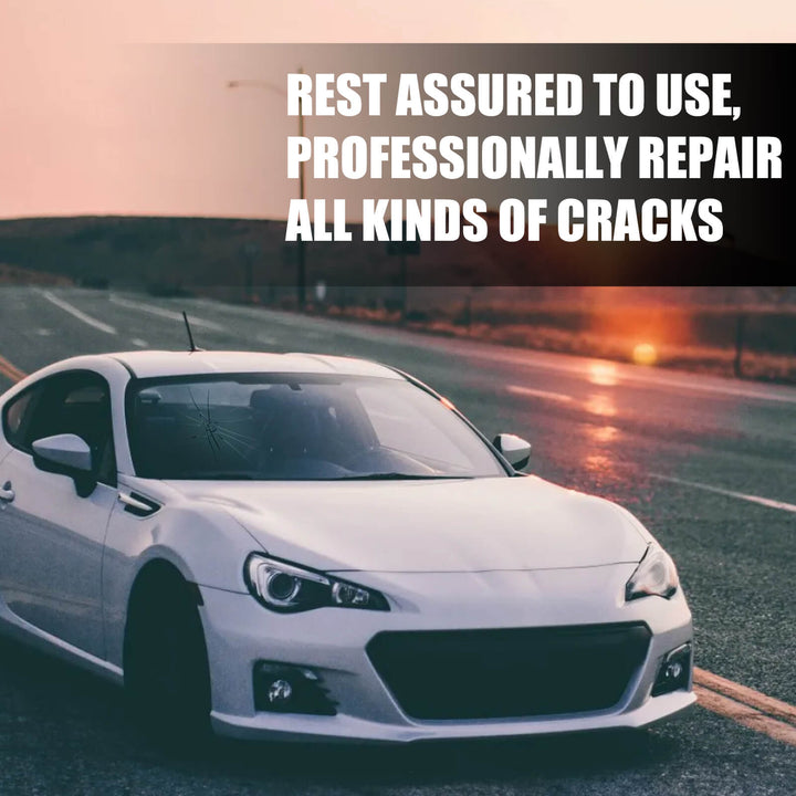 White car on a road with text about crack repair services. Rayhong Windshield Crack Repair Liquid - Effective Solution Rayhong Liquid for Fixing Cracks in Car Windshields Adhesive for Windshield Crack Repair Crack Repair Solution
