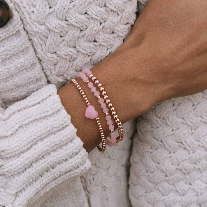 Elegant Rose Quartz Heart Bracelet Set for Sale - Wearing Felicity Rose-Quartz-Heart-Stretch-Bracelet-Set-0 Wear Felicity