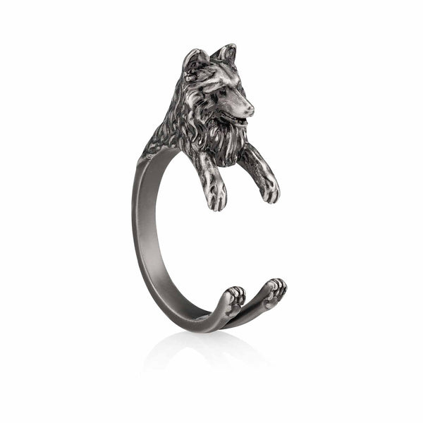 Stylish Shetland Sheepdog Wrap Ring for Dog Lovers - Wearing Felicity Shetland-Sheepdog-Wrap-Ring-Silver Wear Felicity