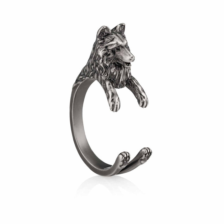 Stylish Shetland Sheepdog Wrap Ring for Dog Lovers - Wearing Felicity Shetland-Sheepdog-Wrap-Ring-Silver Wear Felicity