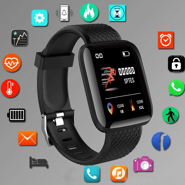 Black smartwatch with a gray background featuring various icons Smartwatch​‍​‌‍​‍‌ Men and Women Wristwatches Smart Watch Message Fitness Monitor Bracelet Birthday Gift Electronic Clock For Android ​‍​‌‍​‍‌IOS