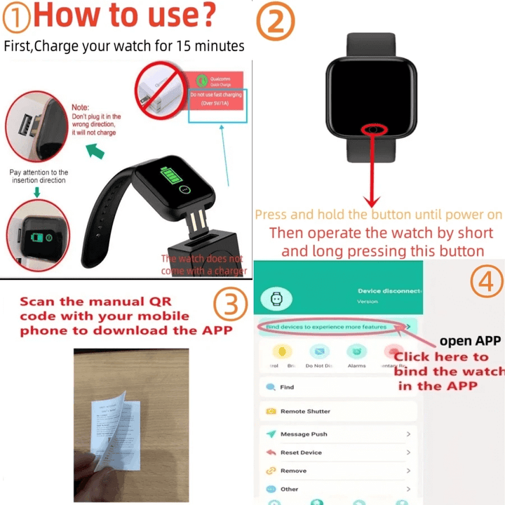 Instructions for using a smartwatch with charging cable and app download on a white background Smartwatch​‍​‌‍​‍‌ Men and Women Wristwatches Smart Watch Message Fitness Monitor Bracelet Birthday Gift Electronic Clock For Android ​‍​‌‍​‍‌IOS