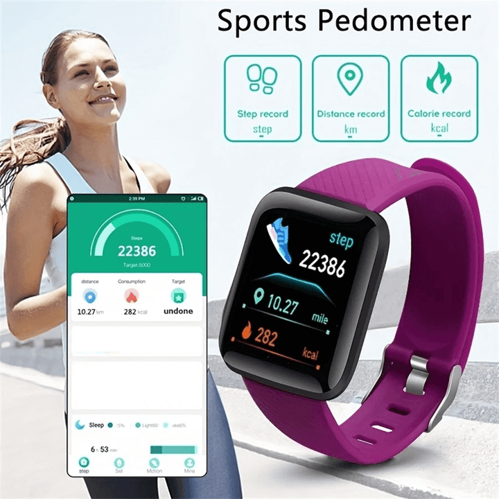 Sports pedometer with smartphone app display, showing step count and activity records. Smartwatch​‍​‌‍​‍‌ Men and Women Wristwatches Smart Watch Message Fitness Monitor Bracelet Birthday Gift Electronic Clock For Android ​‍​‌‍​‍‌IOS