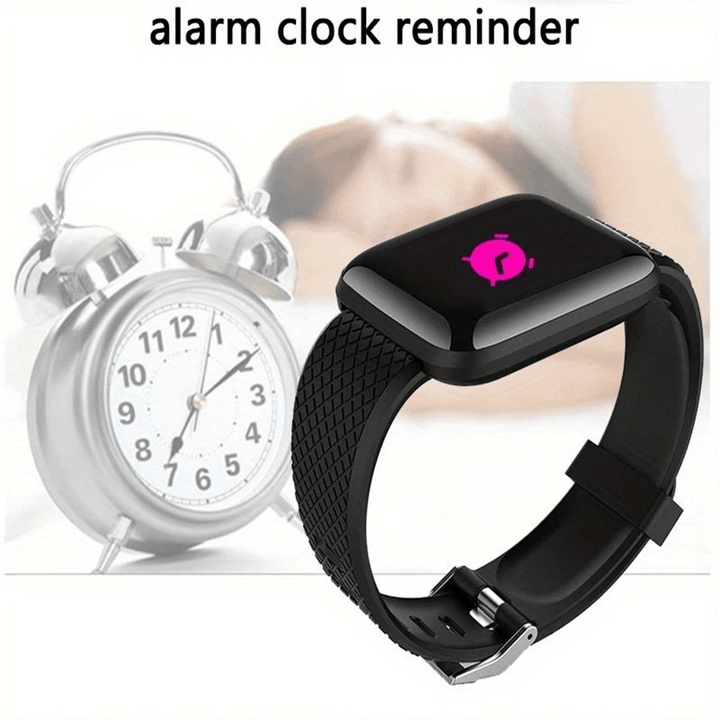 Black smartwatch with digital display next to a traditional alarm clock on a white background. Smartwatch​‍​‌‍​‍‌ Men and Women Wristwatches Smart Watch Message Fitness Monitor Bracelet Birthday Gift Electronic Clock For Android ​‍​‌‍​‍‌IOS