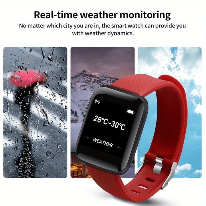 Smartwatch with red band displaying weather information, surrounded by images of a rainy day, snowy landscape, and clear sky. Smartwatch​‍​‌‍​‍‌ Men and Women Wristwatches Smart Watch Message Fitness Monitor Bracelet Birthday Gift Electronic Clock For Android ​‍​‌‍​‍‌IOS