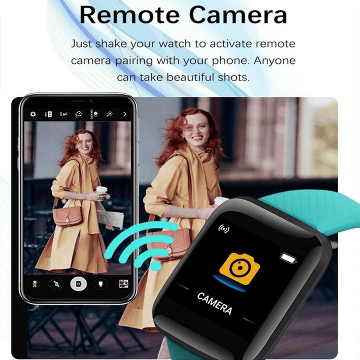 Smartwatch with remote camera feature displayed on a phone screen, showing a woman taking a photo. Smartwatch​‍​‌‍​‍‌ Men and Women Wristwatches Smart Watch Message Fitness Monitor Bracelet Birthday Gift Electronic Clock For Android ​‍​‌‍​‍‌IOS