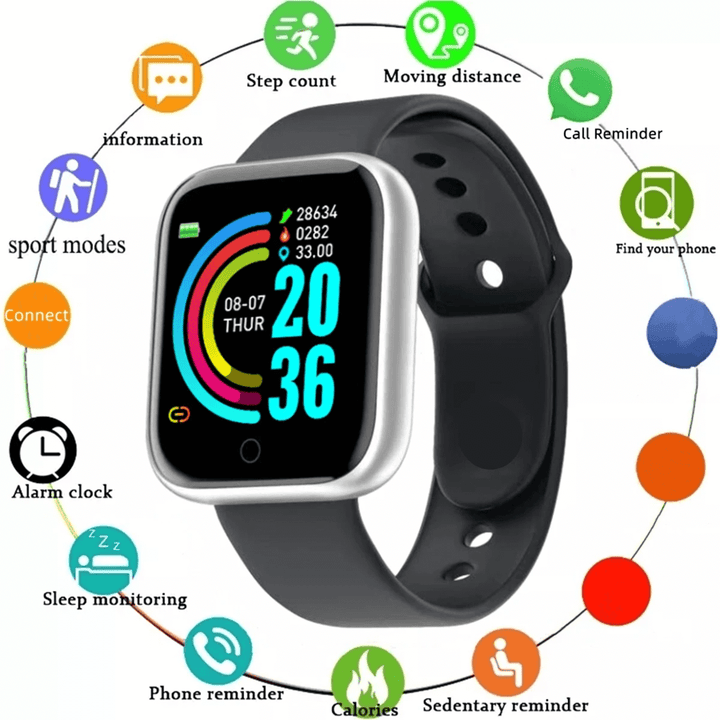 Smartwatch with colorful display and various functions illustrated around it on a white background Smartwatch​‍​‌‍​‍‌ Men and Women Wristwatches Smart Watch Message Fitness Monitor Bracelet Birthday Gift Electronic Clock For Android ​‍​‌‍​‍‌IOS