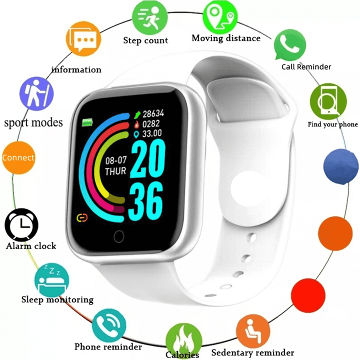 Smartwatch with various functions illustrated around it on a white background Smartwatch​‍​‌‍​‍‌ Men and Women Wristwatches Smart Watch Message Fitness Monitor Bracelet Birthday Gift Electronic Clock For Android ​‍​‌‍​‍‌IOS