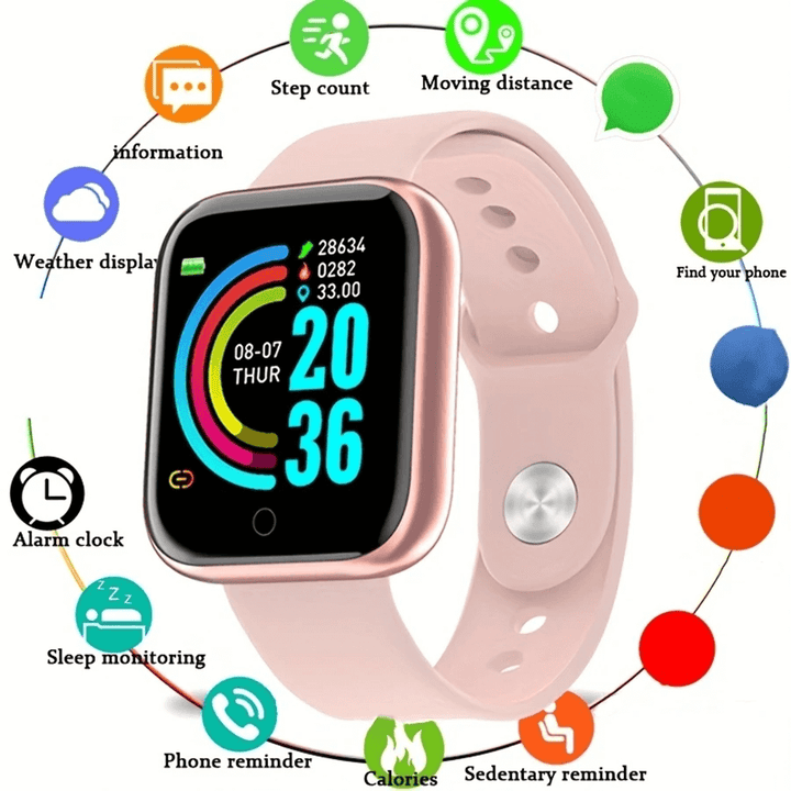 Smartwatch with pink band and various functions displayed on a white background Smartwatch​‍​‌‍​‍‌ Men and Women Wristwatches Smart Watch Message Fitness Monitor Bracelet Birthday Gift Electronic Clock For Android ​‍​‌‍​‍‌IOS