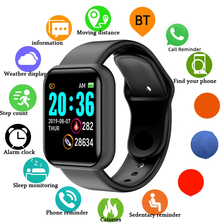 Black smartwatch with colorful icons and features on a white background Smartwatch​‍​‌‍​‍‌ Men and Women Wristwatches Smart Watch Message Fitness Monitor Bracelet Birthday Gift Electronic Clock For Android ​‍​‌‍​‍‌IOS