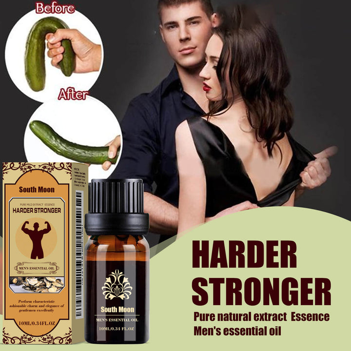 Advertisement for 'Harder Stronger' men's essential oil with a couple and before-after images of a cucumber. South Moon Men's Essential Oil Massage Treatment South Moon Men's Essential Oil Personal Massage Treatment Boost Energy Hydration Wellbeing
