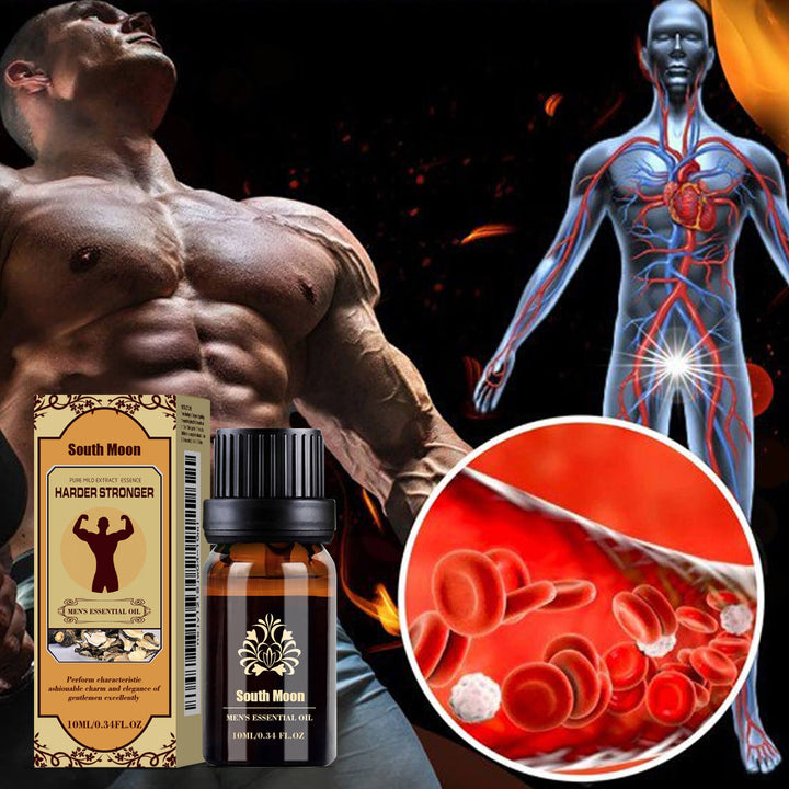 South Moon Men's Essential Oil with packaging, muscular man, anatomical diagram, and blood cell illustration. South Moon Men's Essential Oil Massage Treatment South Moon Men's Essential Oil Personal Massage Treatment Boost Energy Hydration Wellbeing