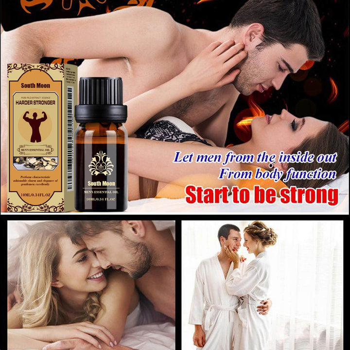 Collage of a man and woman embracing with product packaging and promotional text. South Moon Men's Essential Oil Massage Treatment South Moon Men's Essential Oil Personal Massage Treatment Boost Energy Hydration Wellbeing