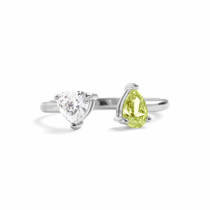 Toi Et Moi Heart Ring: Elegant Gold Birthstone Jewelry - Wearing Felicity Toi-Et-Moi-Heart-Ring-Silver-Peridot Wear Felicity
