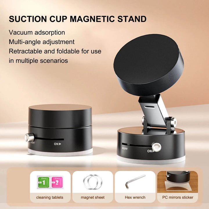 Suction cup magnetic stand with features listed on a beige background Magnetic Phone Holder for Cars: Dual-Sided & Portable Vacuum Suction Cup Magnetic Phone Holder for Cars Dual-Sided Foldable Magnetic Auto Phone Stand for Vehicle Interior Add-ons
