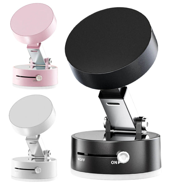 Three phone holders in black, pink, and white on a white background Magnetic Phone Holder for Cars: Dual-Sided & Portable Vacuum Suction Cup Magnetic Phone Holder for Cars Dual-Sided Foldable Magnetic Auto Phone Stand for Vehicle Interior Add-ons