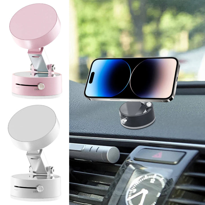 Two car phone holders, one pink and one white, with a smartphone on a dashboard. Magnetic Phone Holder for Cars: Dual-Sided & Portable Vacuum Suction Cup Magnetic Phone Holder for Cars Dual-Sided Foldable Magnetic Auto Phone Stand for Vehicle Interior Add-ons