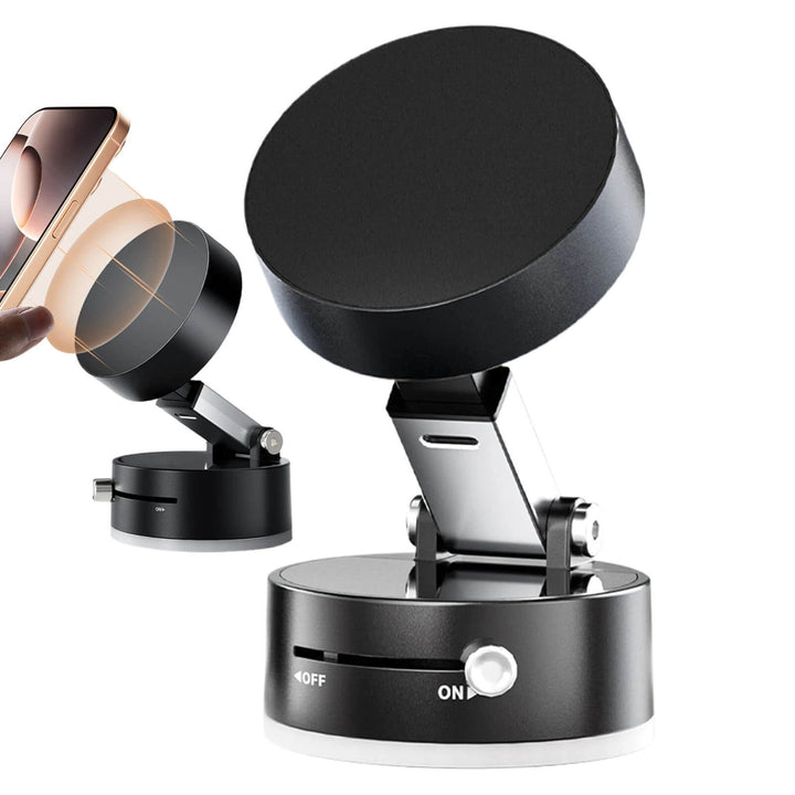 Black multi-device stand with phone, watch, and tablet on a white background Magnetic Phone Holder for Cars: Dual-Sided & Portable Vacuum Suction Cup Magnetic Phone Holder for Cars Dual-Sided Foldable Magnetic Auto Phone Stand for Vehicle Interior Add-ons