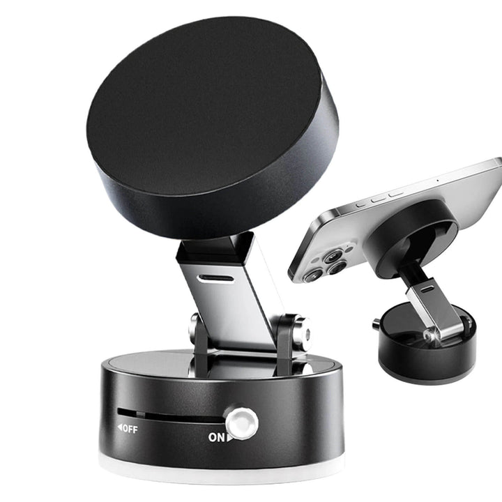 Black phone holder with adjustable arm on a white background Magnetic Phone Holder for Cars: Dual-Sided & Portable Vacuum Suction Cup Magnetic Phone Holder for Cars Dual-Sided Foldable Magnetic Auto Phone Stand for Vehicle Interior Add-ons