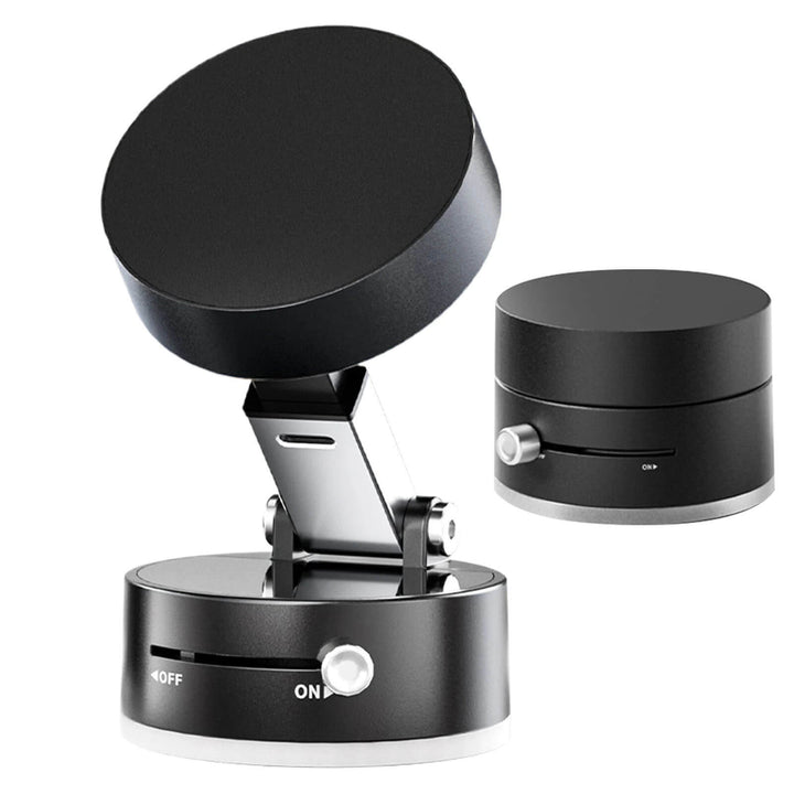 Black adjustable stand with a circular component on a white background Magnetic Phone Holder for Cars: Dual-Sided & Portable Vacuum Suction Cup Magnetic Phone Holder for Cars Dual-Sided Foldable Magnetic Auto Phone Stand for Vehicle Interior Add-ons