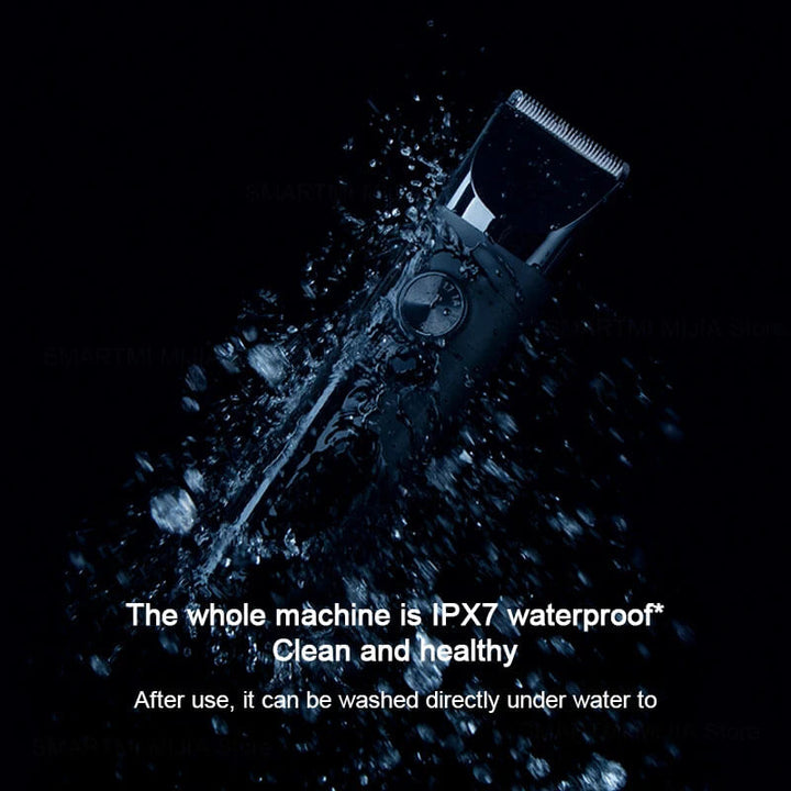 Hair clipper with water splashes on a black background, highlighting its IPX7 waterproof feature. XIAOMI MIJIA IPX7 Hair Clippers - Professional Trimmers XIAOMI MIJIA Hair Cutting Device IPX7 Splash-Proof Hair Clippers Professional Wireless Electric Hair Trimmers for Men