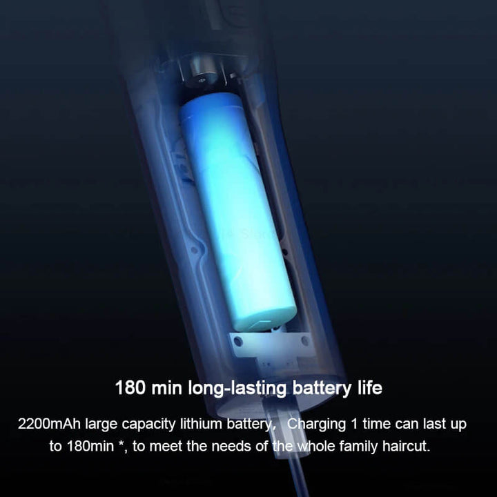 Close-up of a hair cutting machine with a battery, text indicating battery life on a dark background. XIAOMI MIJIA IPX7 Hair Clippers - Professional Trimmers XIAOMI MIJIA Hair Cutting Device IPX7 Splash-Proof Hair Clippers Professional Wireless Electric Hair Trimmers for Men