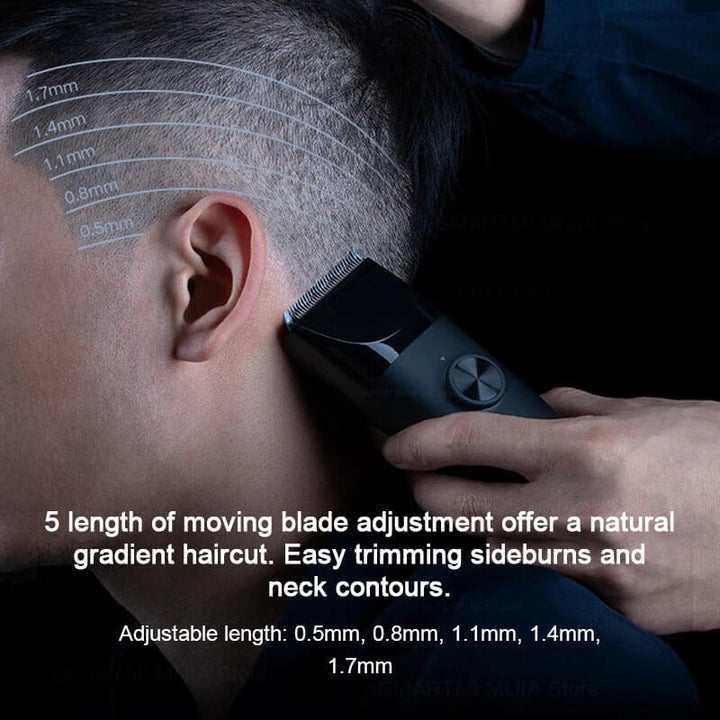 Person using a hair trimmer with adjustable length settings on a dark background XIAOMI MIJIA IPX7 Hair Clippers - Professional Trimmers XIAOMI MIJIA Hair Cutting Device IPX7 Splash-Proof Hair Clippers Professional Wireless Electric Hair Trimmers for Men