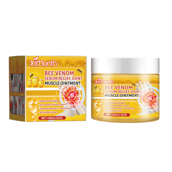 Ximonth Bee Venom Serum Relief Joint Muscle Ointment packaging and jar on a white background Ximonth Bee Venom Joint Care Cream for Pain Relief Ximonth Bee Venom Joint Care Cream Eases Discomfort and Pain in Joints and Muscles Massage Balm