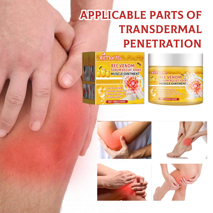 Bee venom product packaging with images of a hand applying ointment to a sore joint. Ximonth Bee Venom Joint Care Cream for Pain Relief Ximonth Bee Venom Joint Care Cream Eases Discomfort and Pain in Joints and Muscles Massage Balm