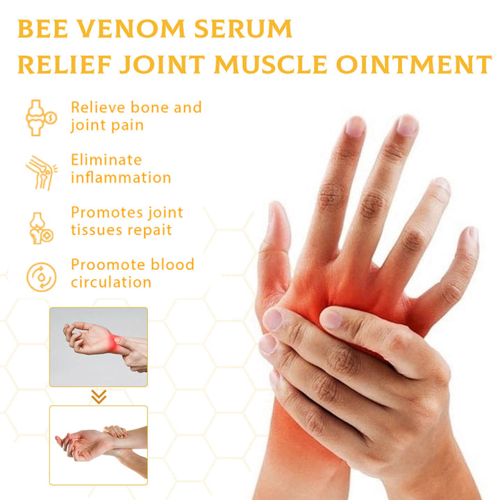Hand with joint pain relief ointment application and text about bee venom serum relief. Ximonth Bee Venom Joint Care Cream for Pain Relief Ximonth Bee Venom Joint Care Cream Eases Discomfort and Pain in Joints and Muscles Massage Balm