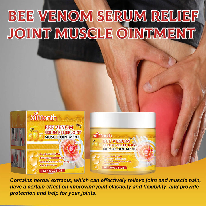 Ximonth Bee Venom Serum Relief Joint Muscle Ointment packaging with a person holding their knee. Ximonth Bee Venom Joint Care Cream for Pain Relief Ximonth Bee Venom Joint Care Cream Eases Discomfort and Pain in Joints and Muscles Massage Balm
