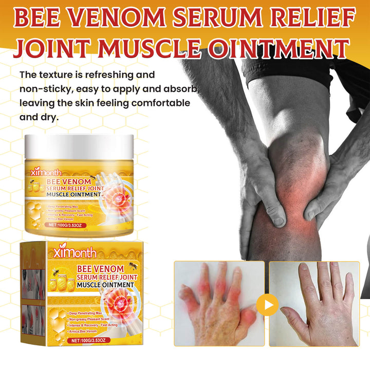 Advertisement for bee venom serum relief joint muscle ointment with packaging and application on skin. Ximonth Bee Venom Joint Care Cream for Pain Relief Ximonth Bee Venom Joint Care Cream Eases Discomfort and Pain in Joints and Muscles Massage Balm