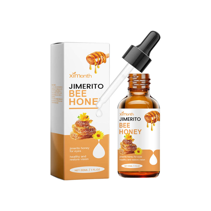 Jimerito Bee Honey bottle with dropper and packaging on a white background Ximonth Jimerito Bee Honey Eye Care for Dry Eyes Ximonth Jimerito Bee Honey Eye Care Revitalizes and Hydrates Providing Relief for Dry Eyes and Offering Soothing Care Through Its Eye Drops