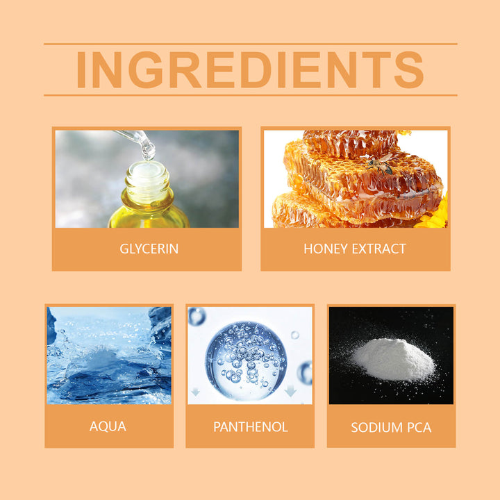 List of ingredients with corresponding images and labels on a beige background Ximonth Jimerito Bee Honey Eye Care for Dry Eyes Ximonth Jimerito Bee Honey Eye Care Revitalizes and Hydrates Providing Relief for Dry Eyes and Offering Soothing Care Through Its Eye Drops